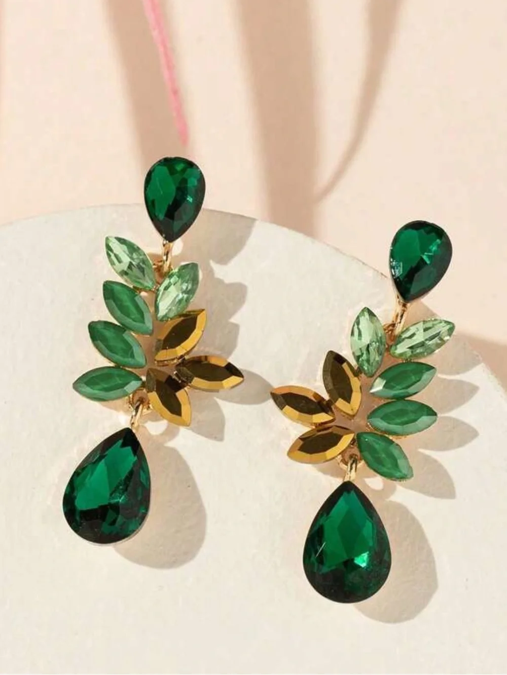 Elegant Green Teardrop Crystal Leaf Earrings